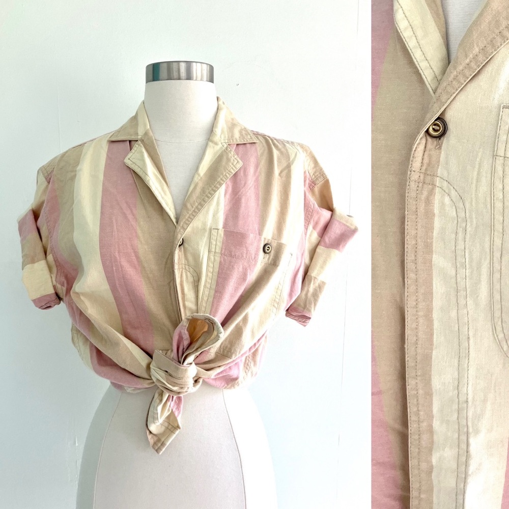 Vintage 80’s Lizwear cream & dusty pink striped cotton button down shirt top